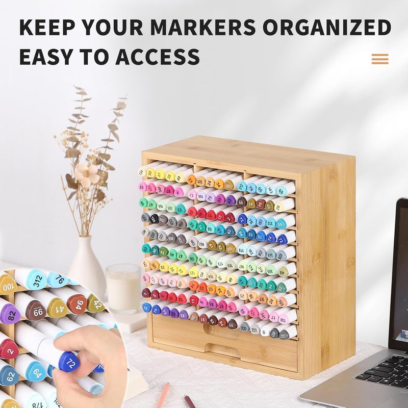 AUTOARK Bamboo Marker Organizer for 150 Markers, Desktop Storage with Drawers, Art Pens Pencils Art Brushes Stationary Organizer, AHK-060 - Image 4